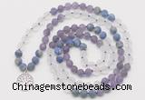 GMN6001 Knotted 8mm, 10mm matte amethyst, white crystal & lapis lazuli 108 beads mala necklace with charm