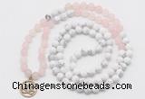 GMN6003 Knotted 8mm, 10mm rose quartz & white howlite 108 beads mala necklace with charm