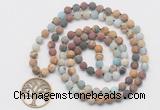 GMN6006 Knotted 8mm, 10mm matte mixed amazonite & jasper 108 beads mala necklace with charm