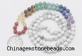 GMN6022 Knotted 7 Chakra 8mm, 10mm white howlite 108 beads mala necklace with charm