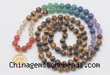 GMN6024 Knotted 7 Chakra 8mm, 10mm yellow tiger eye 108 beads mala necklace with charm