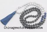 GMN6110 Knotted 8mm, 10mm matte white howlite & black labradorite 108 beads mala necklace with tassel