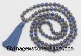 GMN6112 Knotted 8mm, 10mm black labradorite & lapis lazuli 108 beads mala necklace with tassel