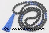 GMN6114 Knotted 8mm, 10mm black lava & lapis lazuli 108 beads mala necklace with tassel