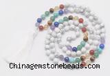 GMN6121 Knotted 7 Chakra 8mm, 10mm white howlite 108 beads mala necklace with tassel