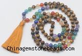 GMN6123 Knotted 7 Chakra 8mm, 10mm yellow tiger eye 108 beads mala necklace with tassel