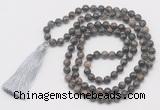 GMN6131 Knotted 8mm, 10mm grey opal 108 beads mala necklace with tassel