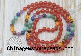 GMN6141 Knotted 7 Chakra 8mm, 10mm red agate 108 beads mala necklace with charm