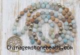 GMN6144 Knotted 8mm, 10mm matte amazonite & picture jasper 108 beads mala necklace with charm