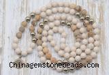 GMN6145 Knotted 8mm, 10mm white fossil jasper & picture jasper 108 beads mala necklace with charm