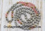 GMN6147 Knotted 8mm, 10mm dalmatian jasper & cherry quartz 108 beads mala necklace with charm