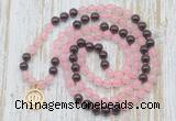 GMN6152 Knotted 8mm, 10mm rose quartz & garnet 108 beads mala necklace with charm
