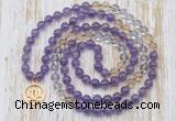 GMN6153 Knotted 8mm, 10mm amethyst, citrine & white crystal 108 beads mala necklace with charm