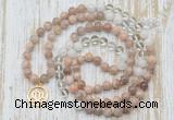 GMN6154 Knotted 8mm, 10mm sunstone, white crystal & white jade 108 beads mala necklace with charm