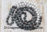 GMN6159 Knotted 8mm, 10mm snowflake obsidian, garnet & matte white howlite 108 beads mala necklace with charm