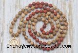 GMN6160 Knotted 8mm, 10mm picture jasper & red jasper 108 beads mala necklace with charm