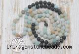 GMN6163 Knotted 8mm, 10mm matte amazonite & black lava 108 beads mala necklace with charm