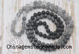 GMN6170 Knotted 8mm, 10mm black lava, black labradorite & cloudy quartz 108 beads mala necklace with charm