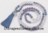 GMN6201 Knotted amethyst, white crystal & lapis lazuli 108 beads mala necklace with tassel & charm