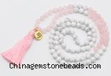 GMN6202 Knotted rose quartz & white howlite 108 beads mala necklace with tassel & charm