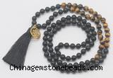 GMN6211 Knotted 8mm, 10mm matte black agate & yellow tiger eye 108 beads mala necklace with tassel & charm