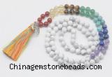 GMN6222 Knotted 7 Chakra white howlite 108 beads mala necklace with tassel & charm