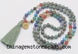 GMN6226 Knotted 7 Chakra African turquoise 108 beads mala necklace with tassel & charm