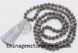 GMN6231 Knotted 8mm, 10mm grey opal 108 beads mala necklace with tassel & charm