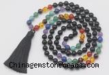 GMN6242 Knotted 7 Chakra 8mm, 10mm black agate 108 beads mala necklace with tassel