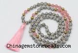 GMN6247 Knotted 8mm, 10mm dalmatian jasper & cherry quartz 108 beads mala necklace with tassel