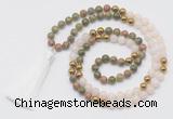 GMN6249 Knotted 8mm, 10mm unakite, white jade & hematite 108 beads mala necklace with tassel