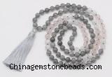 GMN6256 Knotted 8mm, 10mm labradorite, rose quartz & white moonstone 108 beads mala necklace with tassel