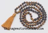 GMN6258 Knotted 8mm, 10mm yellow tiger eye, garnet & smoky quartz 108 beads mala necklace with tassel