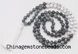 GMN6259 Knotted 8mm, 10mm snowflake obsidian, garnet & matte white howlite 108 beads mala necklace with tassel