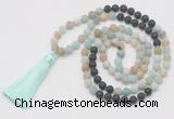 GMN6263 Knotted 8mm, 10mm matte amazonite & black lava 108 beads mala necklace with tassel