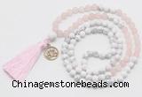 GMN6303 Knotted matte rose quartz & white howlite 108 beads mala necklace with tassel & charm