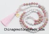 GMN6304 Knotted white howlite, pink jasper & rose quartz 108 beads mala necklace with tassel & charm