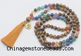 GMN6323 Knotted 7 Chakra yellow tiger eye 108 beads mala necklace with tassel & charm
