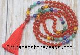 GMN6341 Knotted 7 Chakra 8mm, 10mm red agate 108 beads mala necklace with tassel