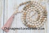 GMN6345 Knotted 8mm, 10mm white fossil jasper & picture jasper 108 beads mala necklace with tassel