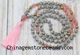 GMN6347 Knotted 8mm, 10mm dalmatian jasper & cherry quartz 108 beads mala necklace with tassel