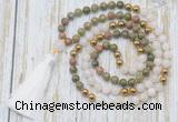 GMN6349 Knotted 8mm, 10mm unakite, white jade & hematite 108 beads mala necklace with tassel