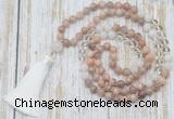 GMN6354 Knotted 8mm, 10mm sunstone, white crystal & white jade 108 beads mala necklace with tassel