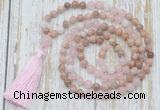 GMN6355 Knotted 8mm, 10mm sunstone, rose quartz & white jade 108 beads mala necklace with tassel