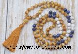 GMN6357 Knotted 8mm, 10mm golden tiger eye, lapis lazuli & matte white howlite 108 beads mala necklace with tassel