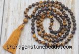 GMN6358 Knotted 8mm, 10mm yellow tiger eye, garnet & smoky quartz 108 beads mala necklace with tassel