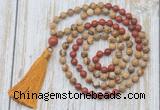 GMN6360 Knotted 8mm, 10mm picture jasper & red jasper 108 beads mala necklace with tassel