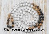 GMN6408 Hand-knotted 8mm, 10mm matte white howlite & mixed gemstone 108 beads mala necklaces