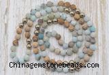 GMN6444 Hand-knotted 8mm, 10mm matte amazonite & picture jasper 108 beads mala necklaces