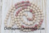 GMN6450 Hand-knotted 8mm, 10mm white fossil jasper & pink wooden jasper 108 beads mala necklaces
